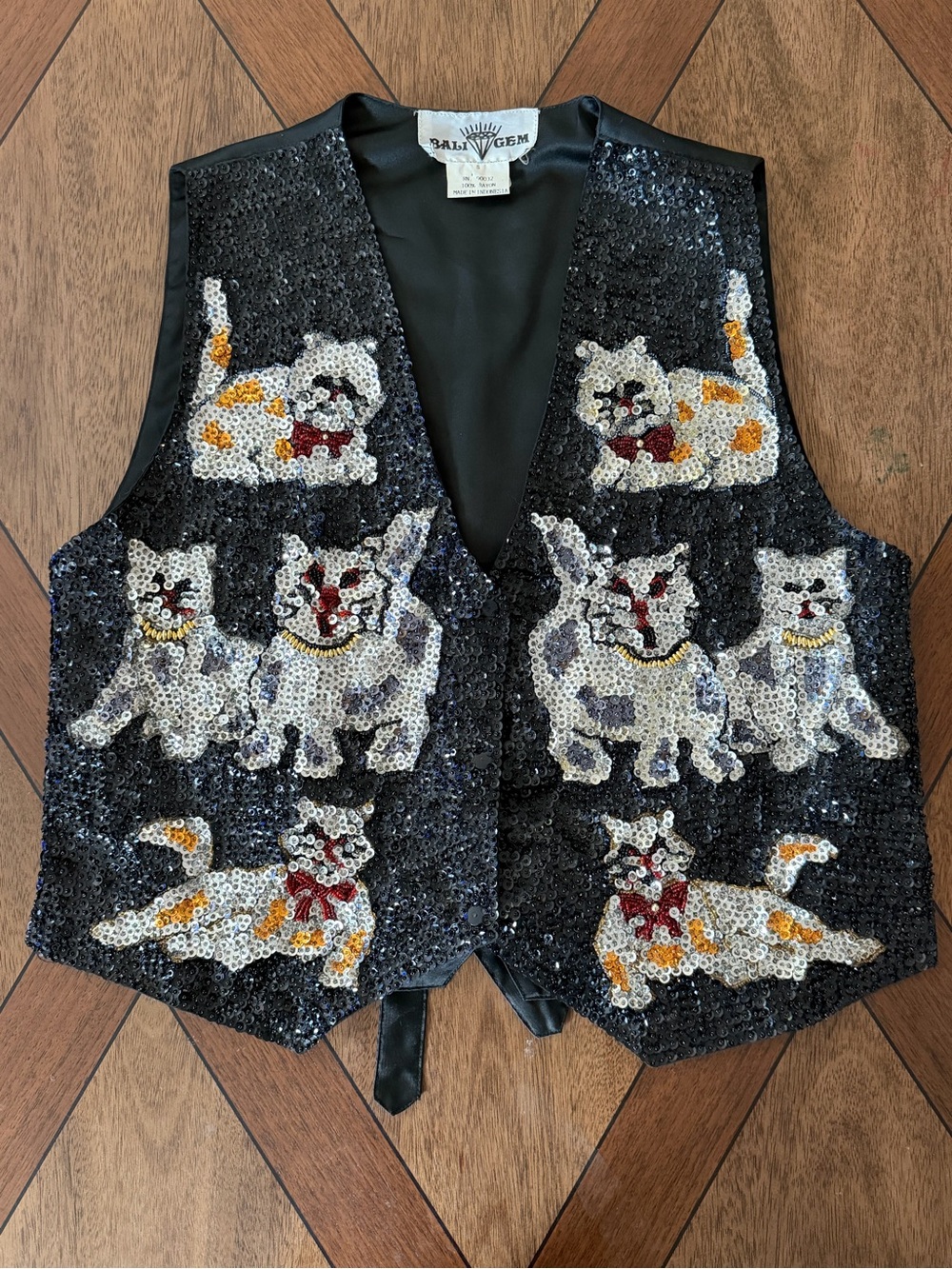 Bali Gem Vintage Sequin Cat Vest Womens Small